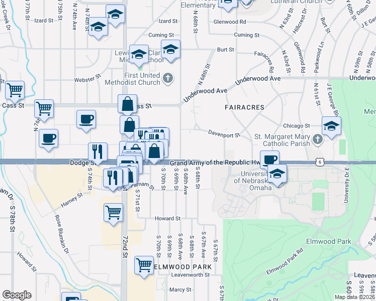 map of restaurants, bars, coffee shops, grocery stores, and more near 6720 Dodge Street in Omaha