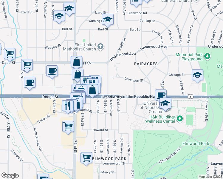 map of restaurants, bars, coffee shops, grocery stores, and more near 6720 Dodge Street in Omaha