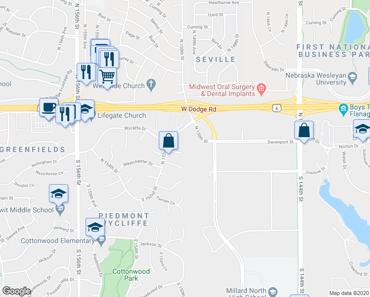 map of restaurants, bars, coffee shops, grocery stores, and more near 15010 Davenport Circle in Omaha