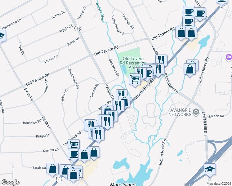 map of restaurants, bars, coffee shops, grocery stores, and more near 290 Merry Circle in Orange