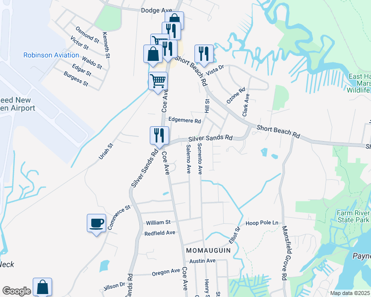 map of restaurants, bars, coffee shops, grocery stores, and more near 154 Salerno Avenue in East Haven