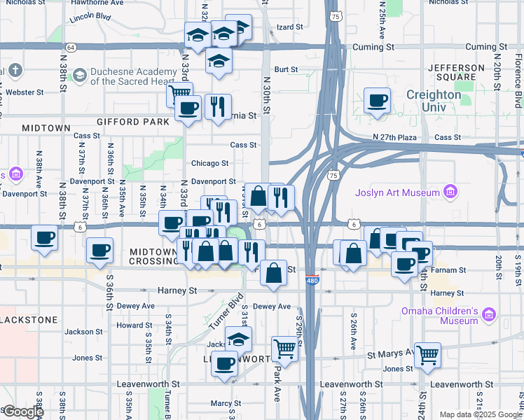 map of restaurants, bars, coffee shops, grocery stores, and more near in Omaha