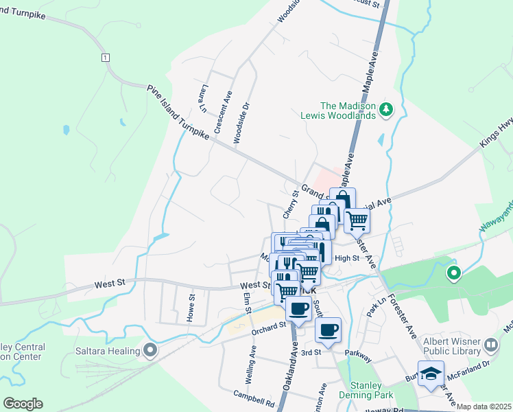 map of restaurants, bars, coffee shops, grocery stores, and more near 14 Ridgeway in Warwick