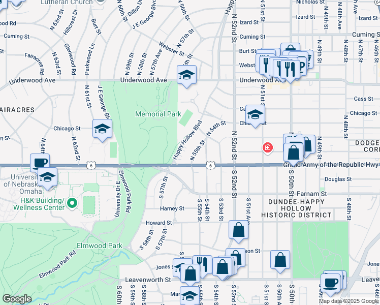 map of restaurants, bars, coffee shops, grocery stores, and more near 108 N 55th St in Omaha