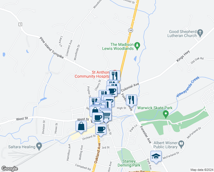 map of restaurants, bars, coffee shops, grocery stores, and more near 11 Grand Street in Warwick