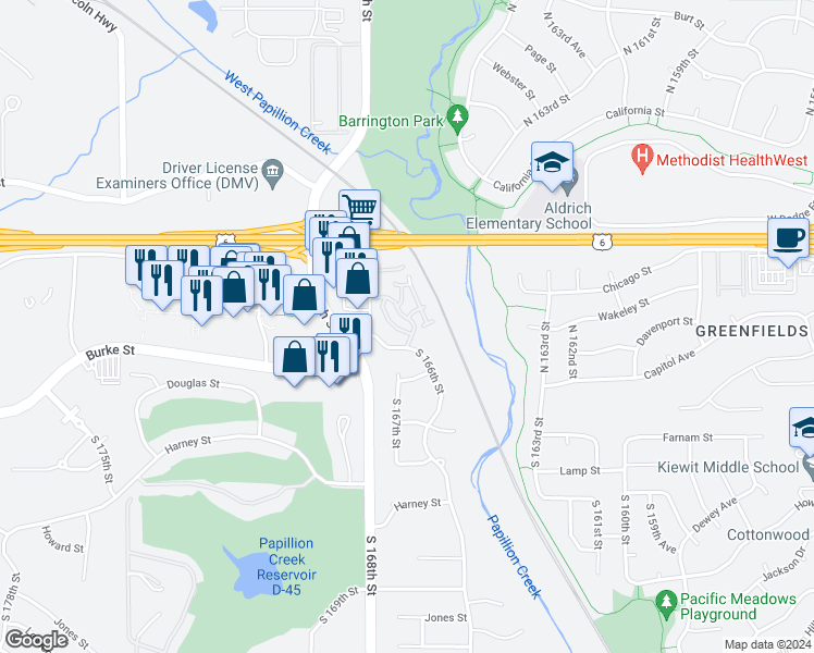 map of restaurants, bars, coffee shops, grocery stores, and more near 16602 Capitol Plaza in Omaha