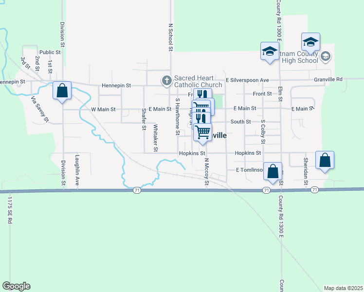 map of restaurants, bars, coffee shops, grocery stores, and more near 311 South Hawthorne Street in Granville