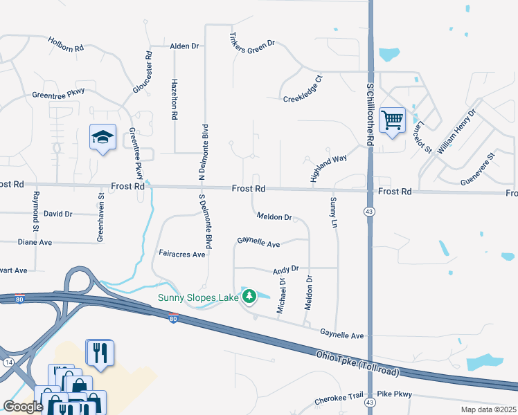 map of restaurants, bars, coffee shops, grocery stores, and more near 9958 Meldon Drive in Streetsboro