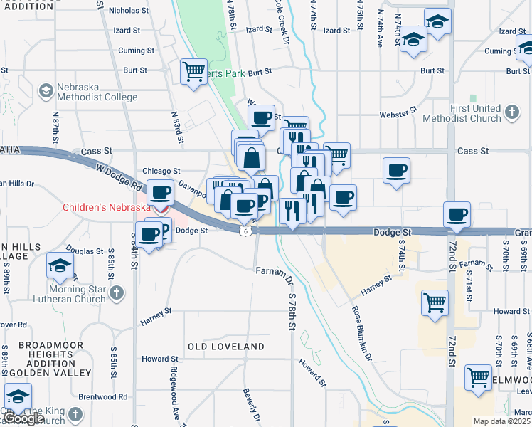 map of restaurants, bars, coffee shops, grocery stores, and more near 7792-7798 Dodge Street in Omaha