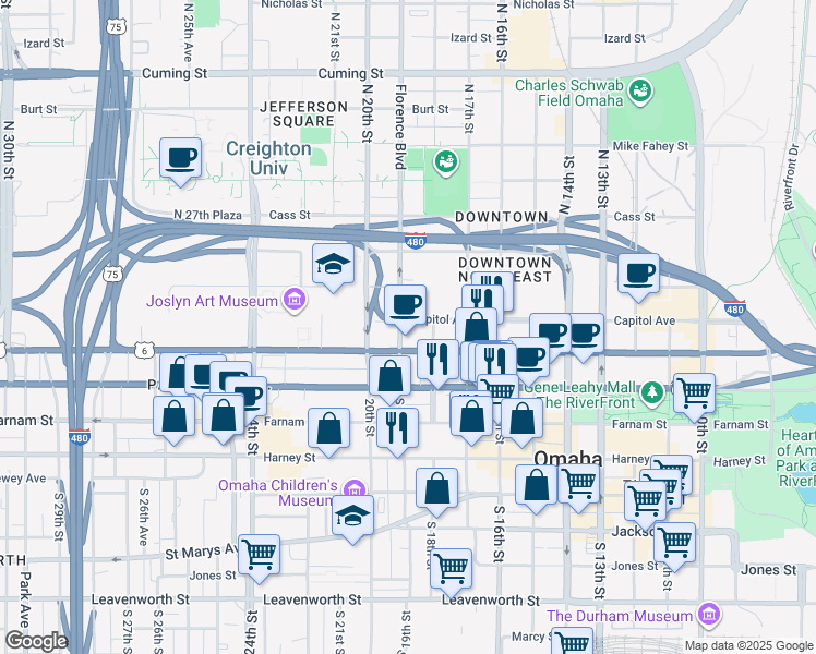 map of restaurants, bars, coffee shops, grocery stores, and more near 119 North 19th Street in Omaha