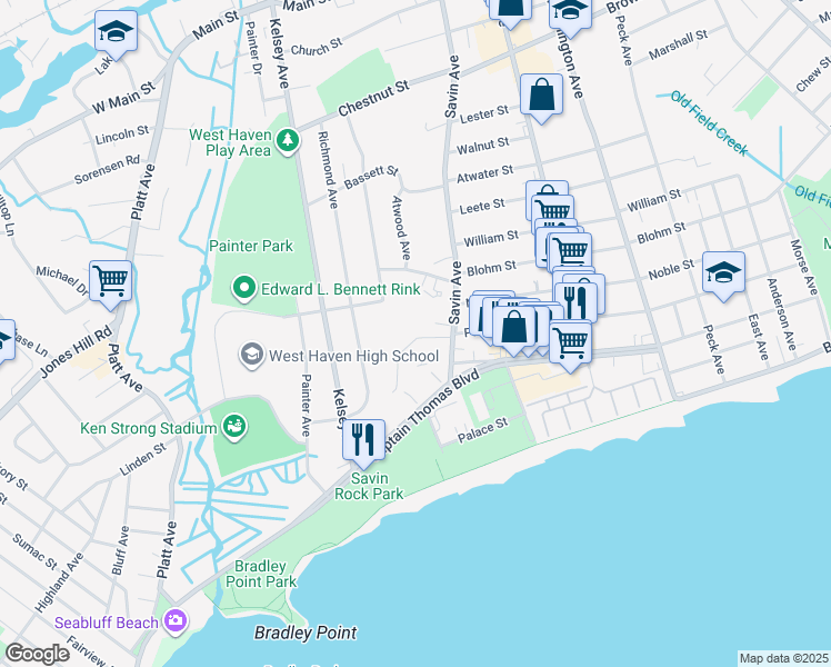 map of restaurants, bars, coffee shops, grocery stores, and more near 43 Savin Park in West Haven