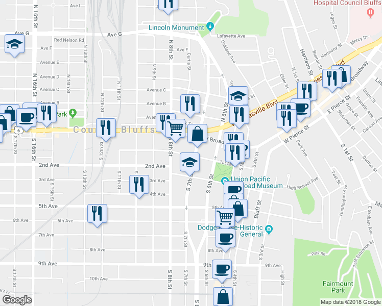 map of restaurants, bars, coffee shops, grocery stores, and more near 710 1st Avenue in Council Bluffs