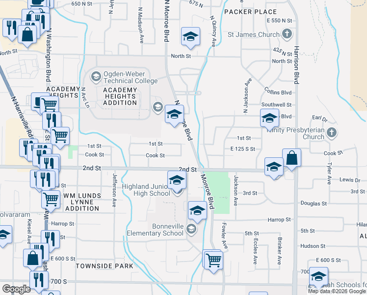 map of restaurants, bars, coffee shops, grocery stores, and more near 120 Liberty Avenue in Ogden