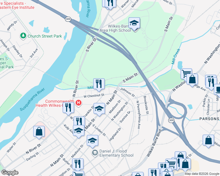 map of restaurants, bars, coffee shops, grocery stores, and more near 233 Sycamore Street in Wilkes-Barre