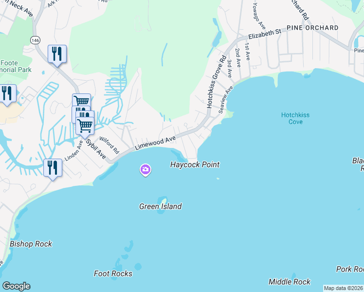 map of restaurants, bars, coffee shops, grocery stores, and more near 17 West Haycock Point Road in Branford
