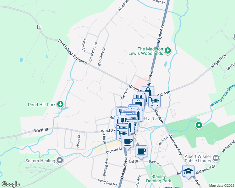 map of restaurants, bars, coffee shops, grocery stores, and more near 7 Ridgeway Drive in Warwick