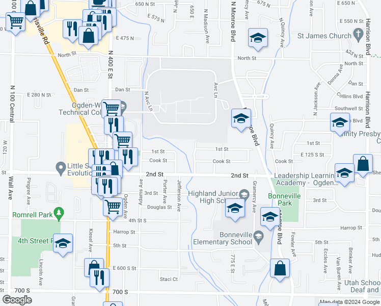 map of restaurants, bars, coffee shops, grocery stores, and more near 123 Orchard Avenue in Ogden