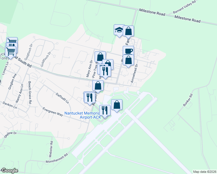 map of restaurants, bars, coffee shops, grocery stores, and more near 129 Old South Road in Nantucket