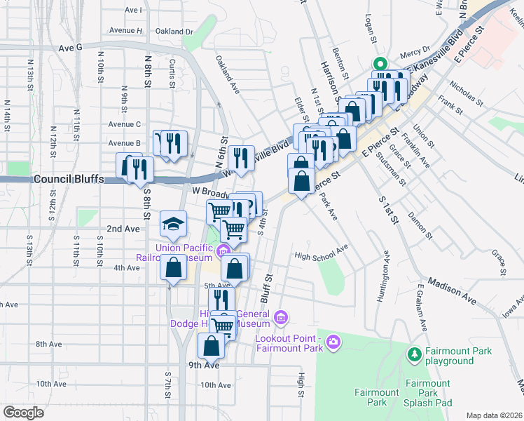 map of restaurants, bars, coffee shops, grocery stores, and more near in Council Bluffs