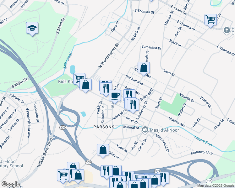 map of restaurants, bars, coffee shops, grocery stores, and more near 120 Matson Avenue in Wilkes-Barre