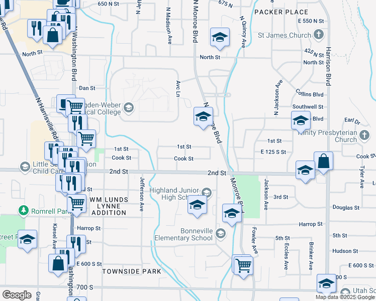map of restaurants, bars, coffee shops, grocery stores, and more near 112 Madison Avenue in Ogden