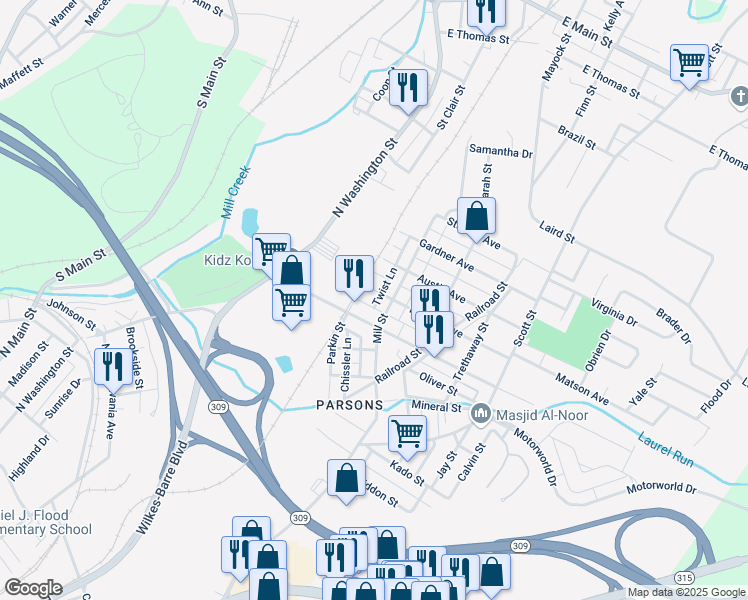 map of restaurants, bars, coffee shops, grocery stores, and more near 1-79 Maiden Lane in Wilkes-Barre
