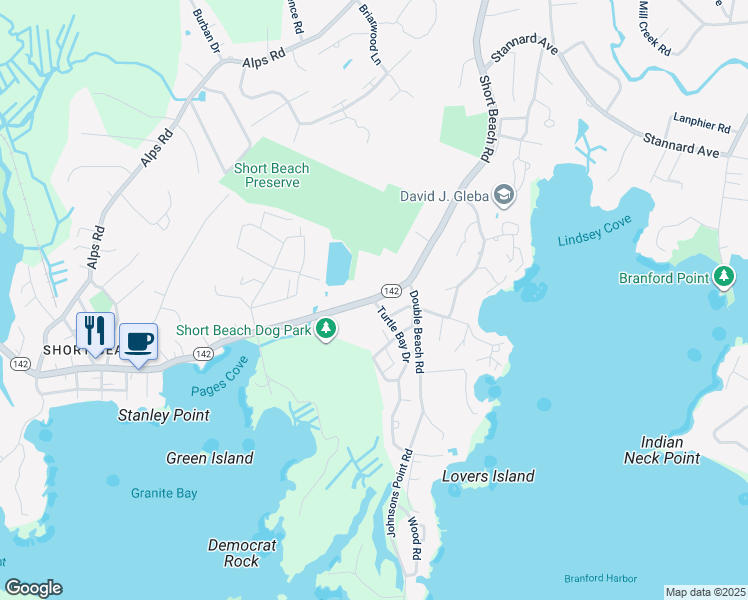 map of restaurants, bars, coffee shops, grocery stores, and more near 491 Shore Drive in Branford