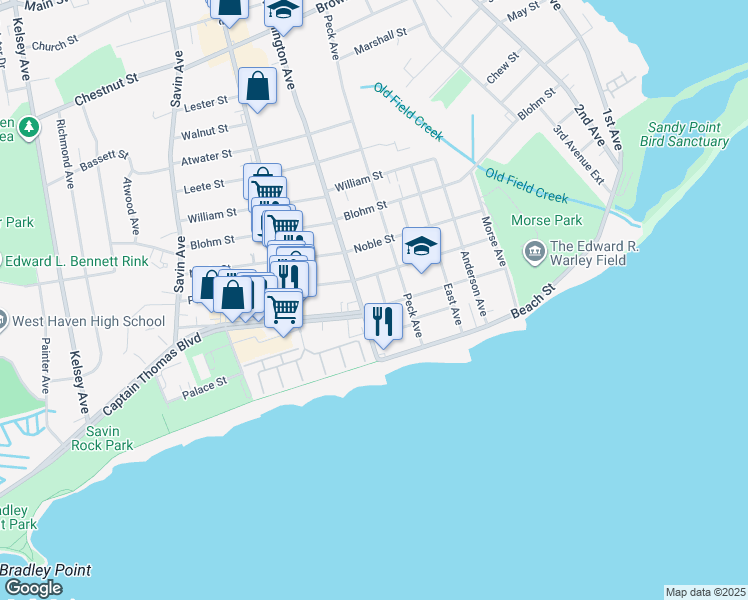 map of restaurants, bars, coffee shops, grocery stores, and more near 115 Thomas Street in West Haven