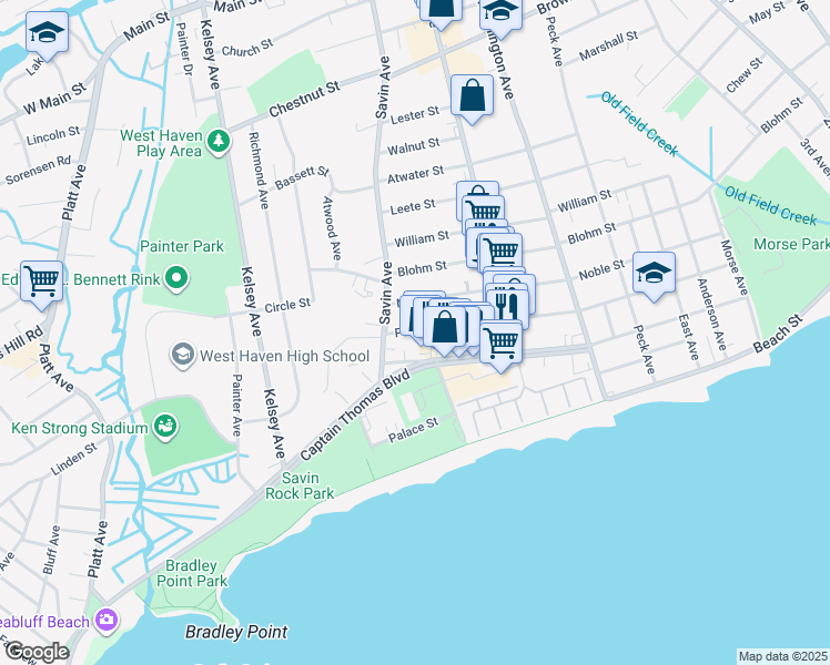 map of restaurants, bars, coffee shops, grocery stores, and more near 292 Park Street in West Haven