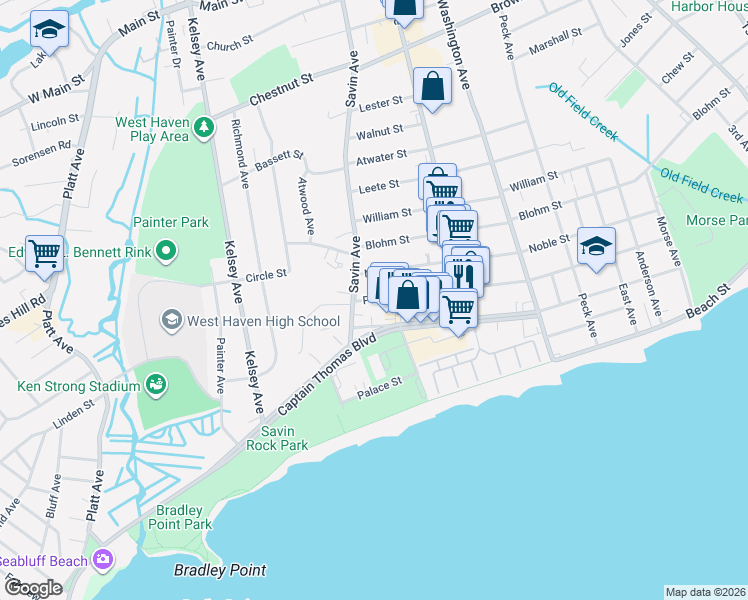 map of restaurants, bars, coffee shops, grocery stores, and more near 292 Park Street in West Haven
