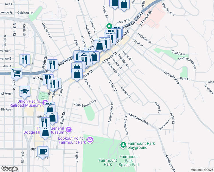 map of restaurants, bars, coffee shops, grocery stores, and more near 207 Test Street in Council Bluffs