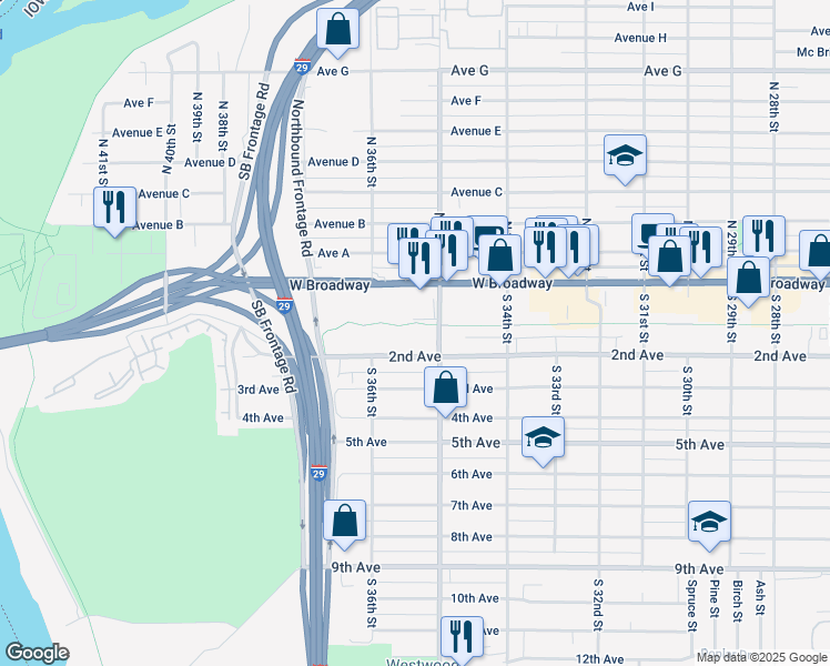 map of restaurants, bars, coffee shops, grocery stores, and more near 110 South 35th Street in Council Bluffs
