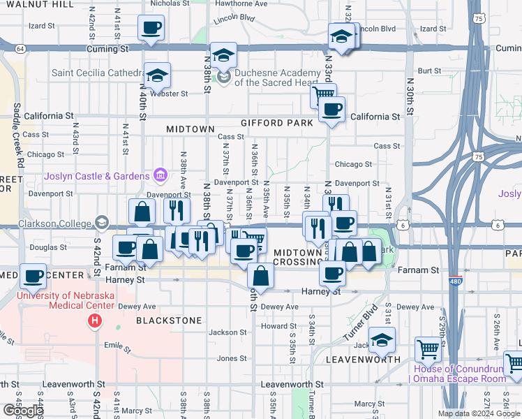 map of restaurants, bars, coffee shops, grocery stores, and more near 118 North 35th Avenue in Omaha