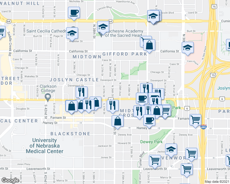 map of restaurants, bars, coffee shops, grocery stores, and more near 118 North 35th Avenue in Omaha