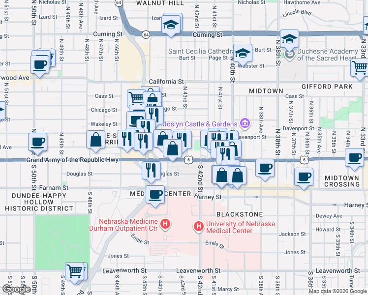 map of restaurants, bars, coffee shops, grocery stores, and more near 125 North 43rd Avenue in Omaha