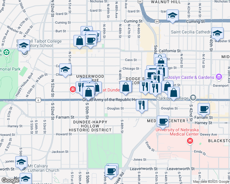 map of restaurants, bars, coffee shops, grocery stores, and more near 4811 Capitol Avenue in Omaha
