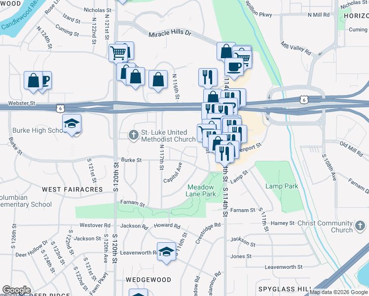 map of restaurants, bars, coffee shops, grocery stores, and more near 288 North 116th Plaza in Omaha