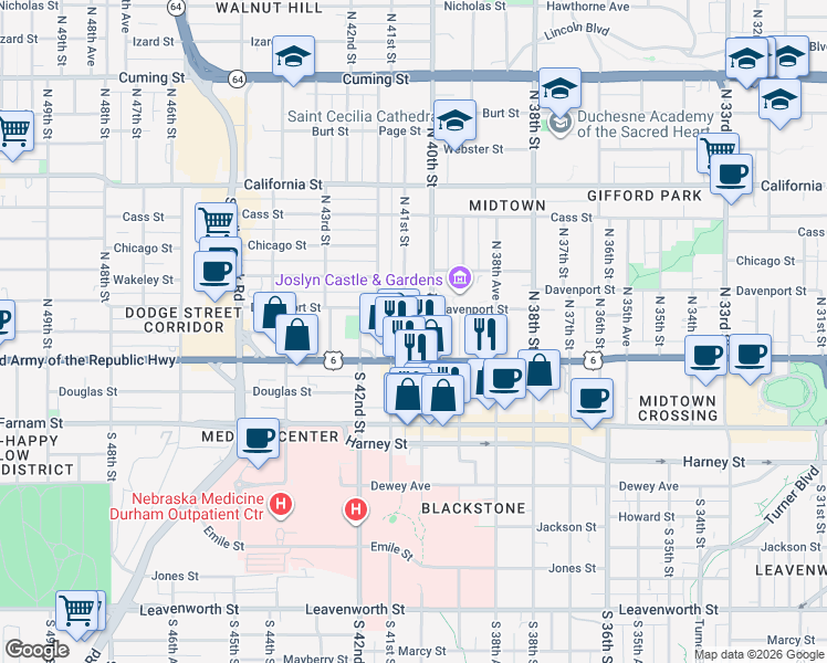 map of restaurants, bars, coffee shops, grocery stores, and more near 123 North 40th Street in Omaha