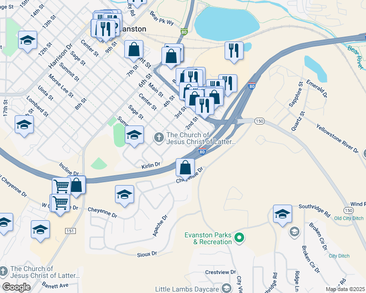 map of restaurants, bars, coffee shops, grocery stores, and more near 101-199 Sherman Way in Evanston