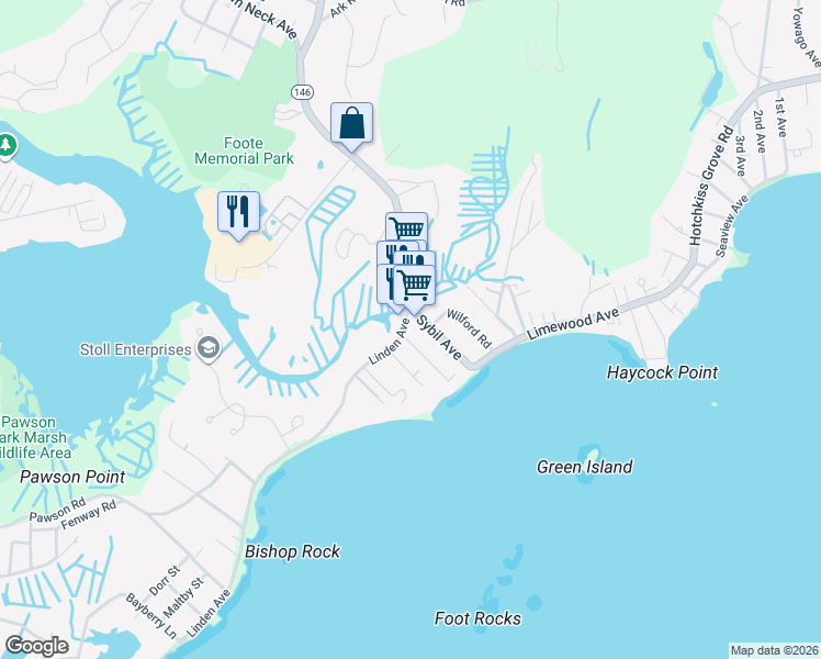 map of restaurants, bars, coffee shops, grocery stores, and more near 6-10 Linden Avenue in Branford