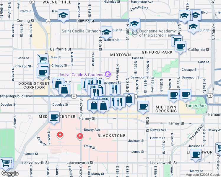 map of restaurants, bars, coffee shops, grocery stores, and more near 125 North 39th Street in Omaha