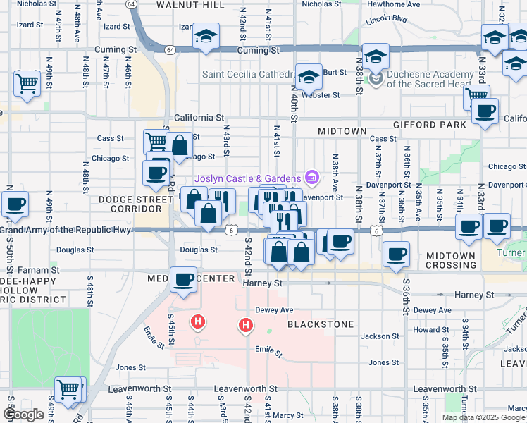 map of restaurants, bars, coffee shops, grocery stores, and more near 140 North 41st Street in Omaha
