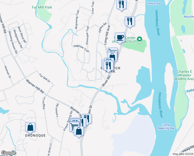 map of restaurants, bars, coffee shops, grocery stores, and more near 5 Manhassett Trail in Shelton