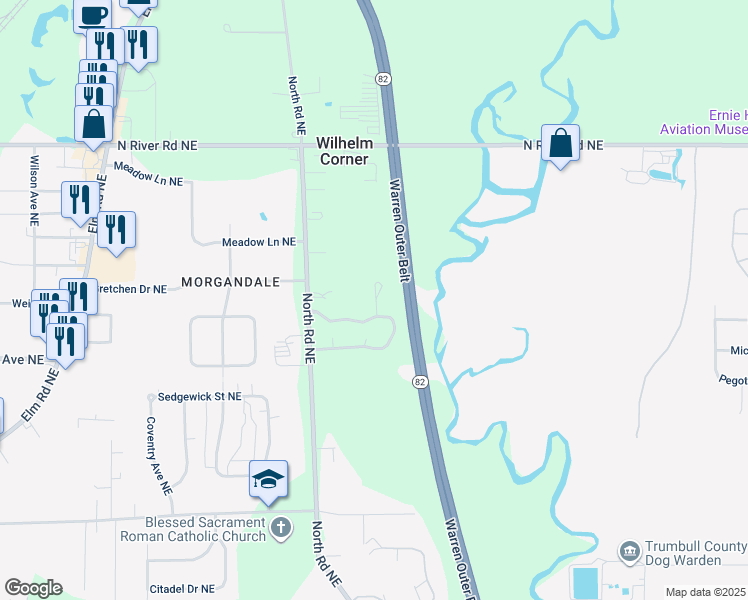 map of restaurants, bars, coffee shops, grocery stores, and more near 4125 Fawn Trail in Warren