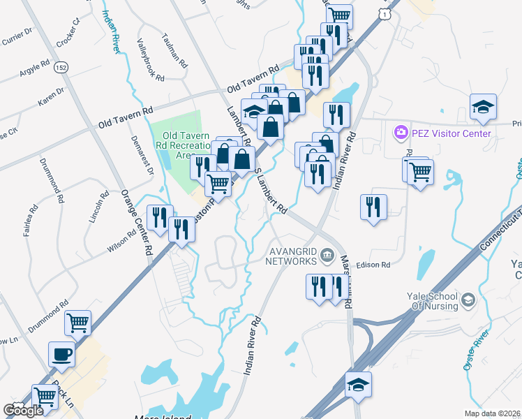 map of restaurants, bars, coffee shops, grocery stores, and more near 263 Old Lambert Road in Orange