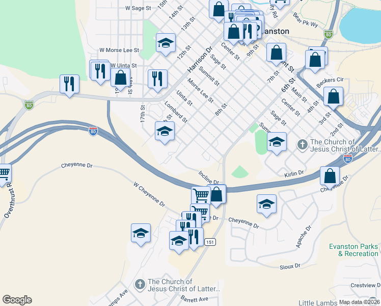 map of restaurants, bars, coffee shops, grocery stores, and more near 13 Incline Dr in Evanston