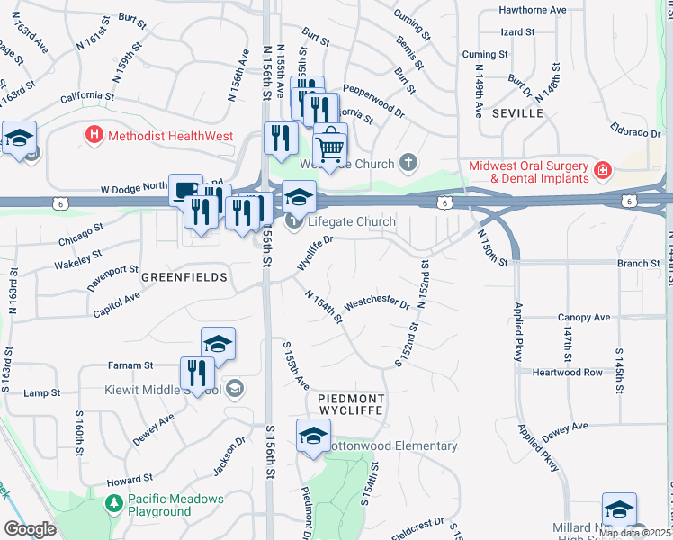 map of restaurants, bars, coffee shops, grocery stores, and more near 15315 Davenport Circle in Omaha