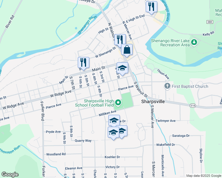 map of restaurants, bars, coffee shops, grocery stores, and more near 141 South 3rd Street in Sharpsville