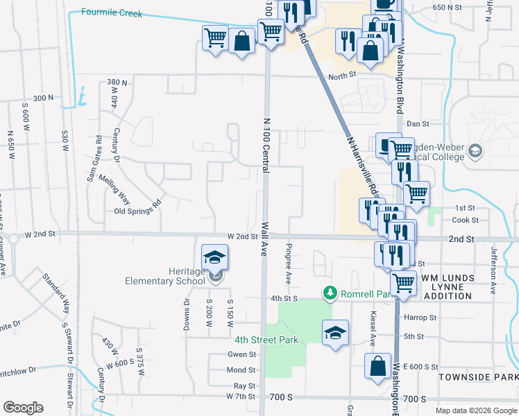 map of restaurants, bars, coffee shops, grocery stores, and more near 100 West 2nd Street in Ogden