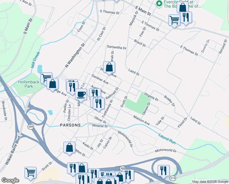 map of restaurants, bars, coffee shops, grocery stores, and more near 323 Gills Lane in Wilkes-Barre